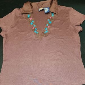 Route 66 Brown Embroidered V-Neck Top Sz Xl